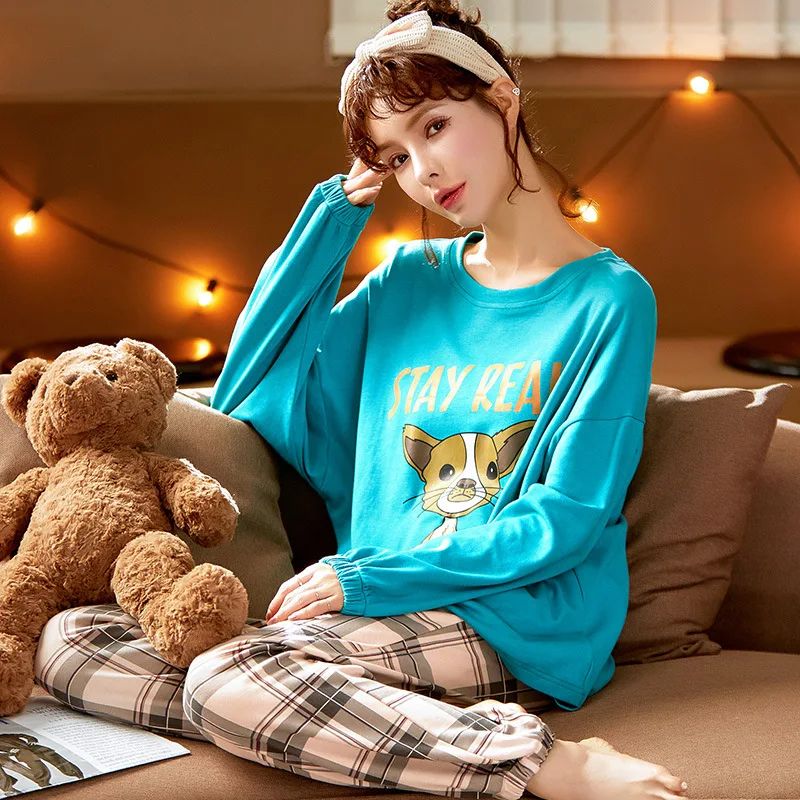 

Cartoon Pajamas Set Women Shirt&Pants Long Sleeve 2PCS Sleepwear Cotton Loungewear Female Pyjamas O-Neck Homewear Nightwear