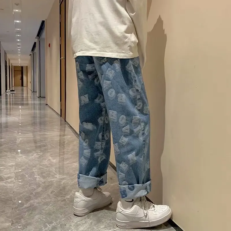 2021 Streetwear Abstract Funny Jeans Patchwork Printed Hip Hop Wide Leg Pants Men High Street hiphop | Мужская одежда