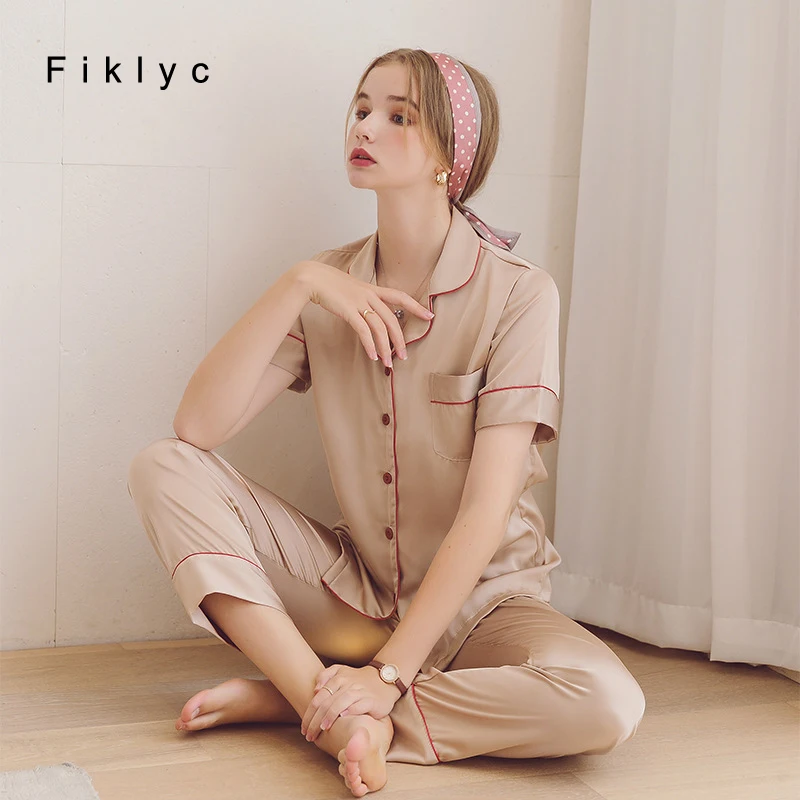 

Fiklyc Short Sleeve Long Trousers Cardigan Nightwear Satin Female Home Clothes Spring Summer Ladies Fashion Pijamas Pyjamas Sets