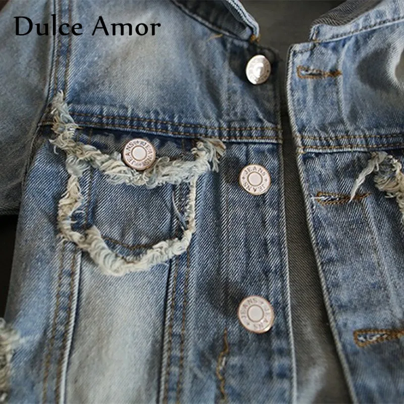 Dulce Amor Baby Girl Jacket Clothes Hole Denim Coat Autumn Fashion Sequins Little Design Kids Outerwear For 1-12Y | Детская одежда и