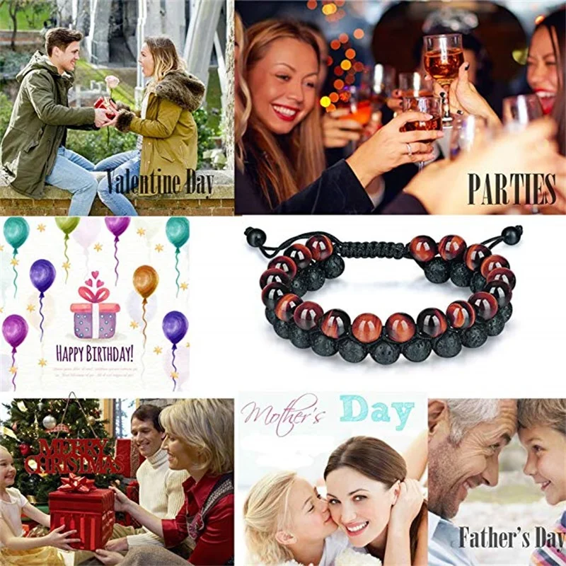 

8mm Red Tiger Eye Lava Rock Bracelet Essential Oil Diffuser Bracelet Natural Stone Beads Healing Yoga Double Row Mens Bracelet