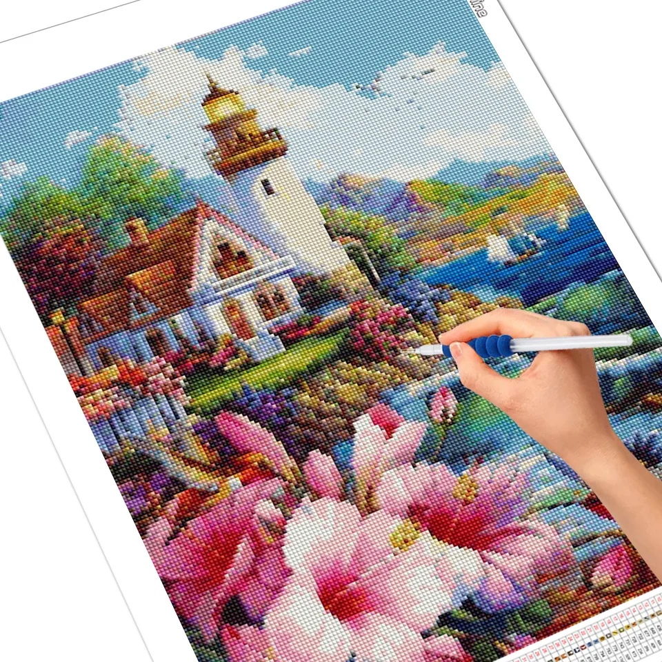 evershine 5d diy diamond painting lighthouse full square round diamond embroidery house landscape cross stitch flower home decor free global shipping