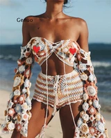 sexy v neck crop top women summer 2019 handmade crochet long sleeve beach wear cover up dress hollow out beachwear femme tunic
