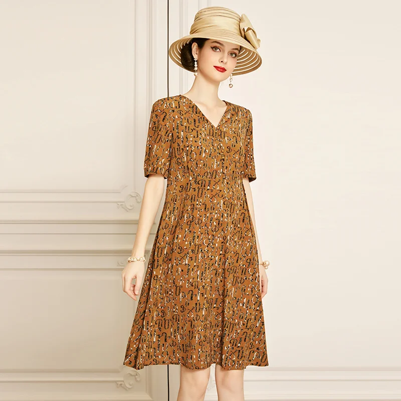 

SHZQ Yellow Printed Silk Dress 2021 New Summer V-neck Fashionable Mulberry Silk Skirt