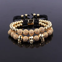 new design luxury men skull bracelet jewelry gold plated cz pave ball charm beaded macrame couple bracelet set