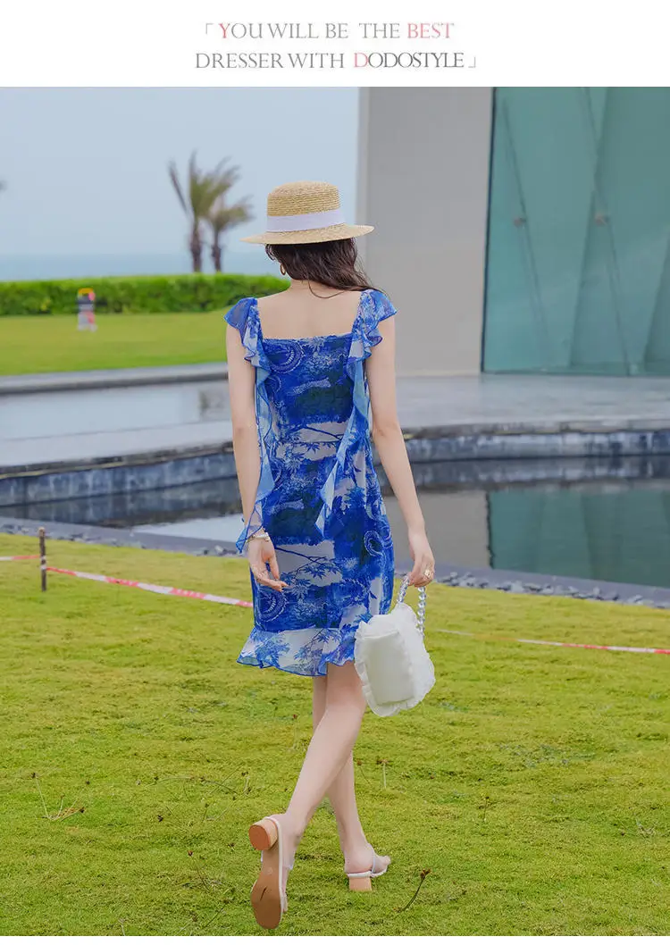 

Vintage Ruffles Ribbon Bow Mesh Skirt Female Summer 2021 Printed Square Collar Slash Neck Sling Seaside Holiday Long Dress