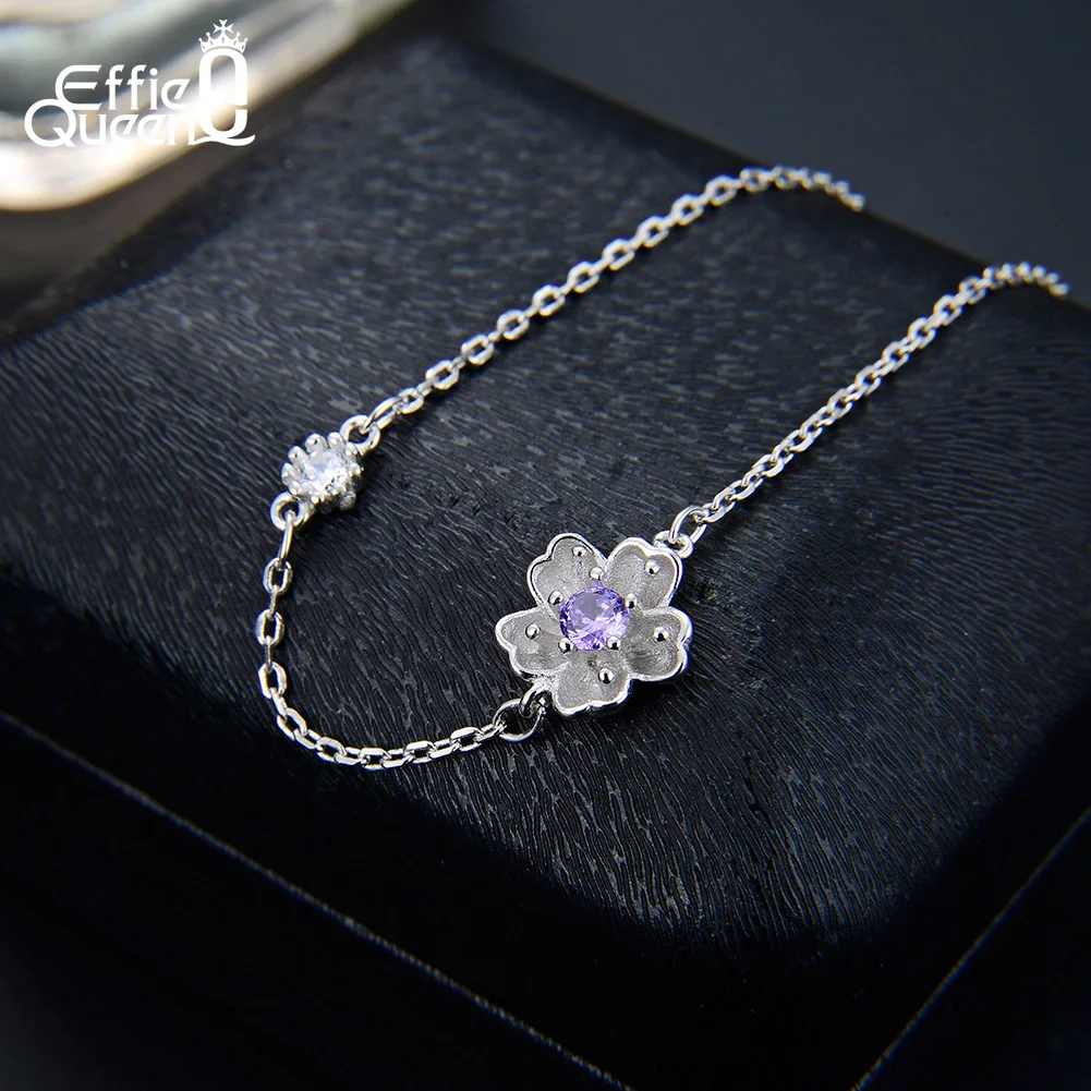 Effie queen 925 пробы серебряные женские браслеты романтический цветок фиолетовый циркон девушки браслет оригинальные женские ювелирные изделия подарок TSB40