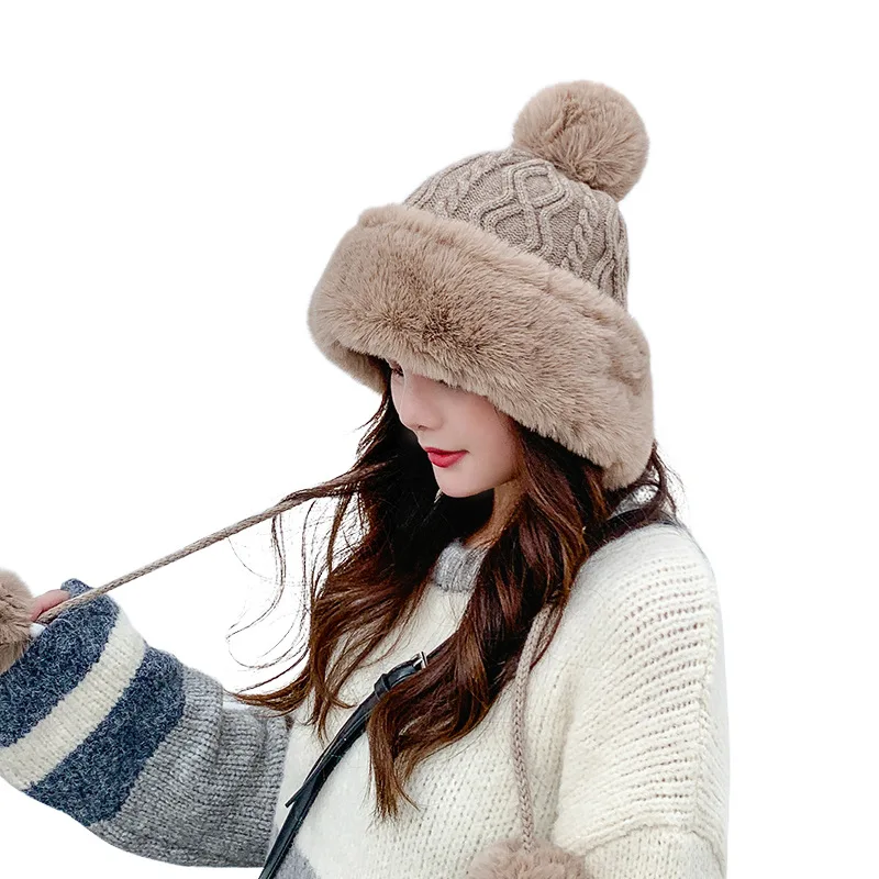 

New Women's Fur Ball Fleece-Lined Warm Pullover Cap Outdoor Autumn and Winter Cold-Proof Cute Fashion Wool Hat