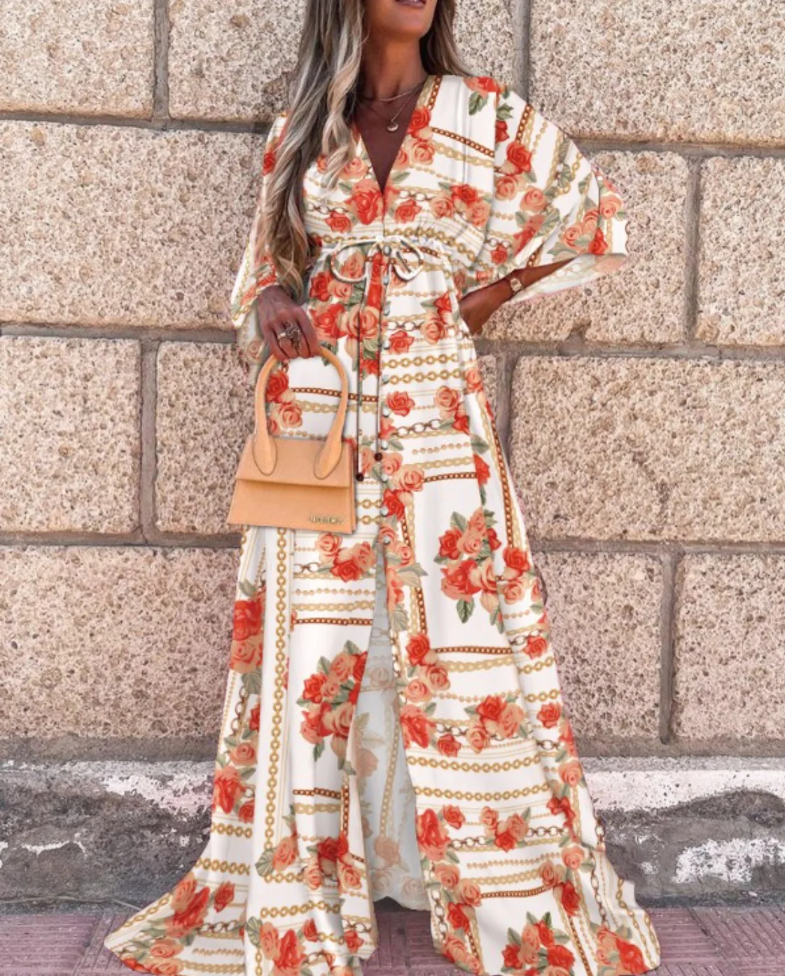 

Sexy Deep V-neck Print Hem Maxi Dress Women Elegant Elastic Waist Long Party Dress Spring Summer Loose Oversized Split Vestidos