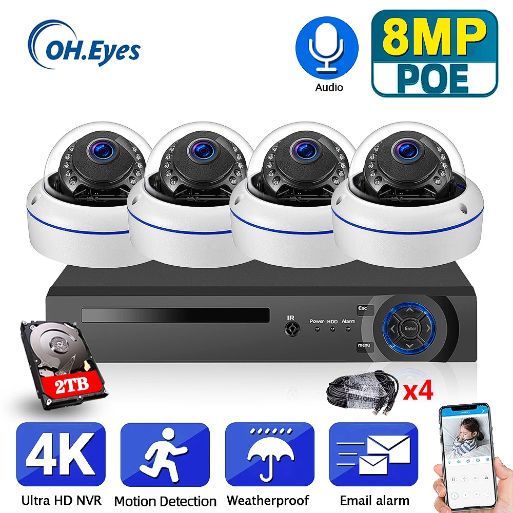 

4ch 4K POE Kit System CCTV Security 8MP Sony IMAX335 H.265 NVR Outdoor Waterproof Audio IP Camera Surveillance Alarm Video p2p