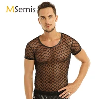 mens lingerie fishnet t shirt top faux leather see through mesh round neckline short sleeve t shirt top clubwear undershirt