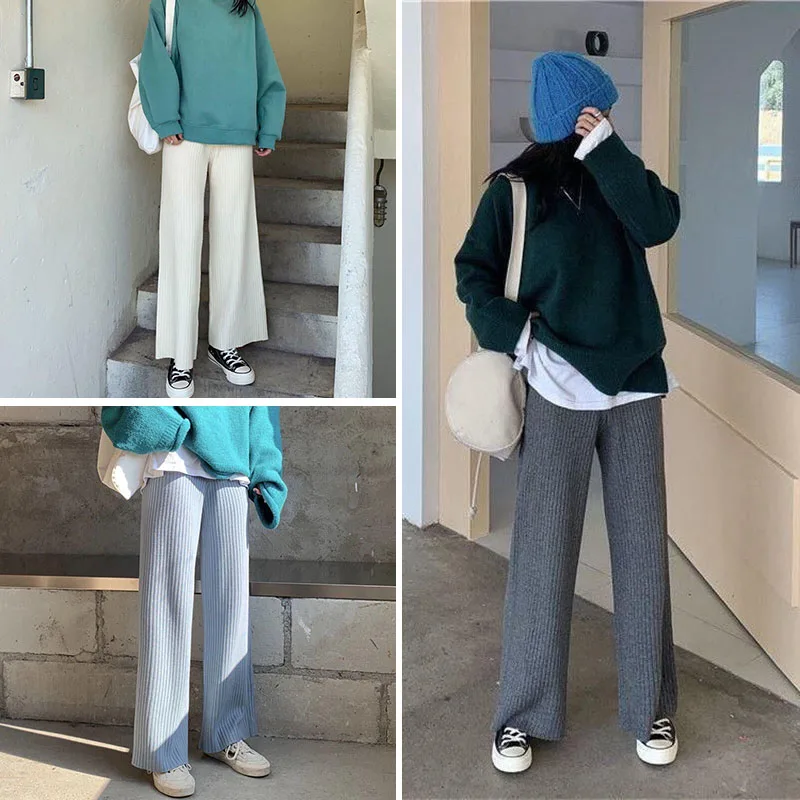 

Limiguyue Spring Women Fashion Wide Leg Pants Casual White Pleated Soft High Waist Long Knit Pants Simple Basic Streetwear K397