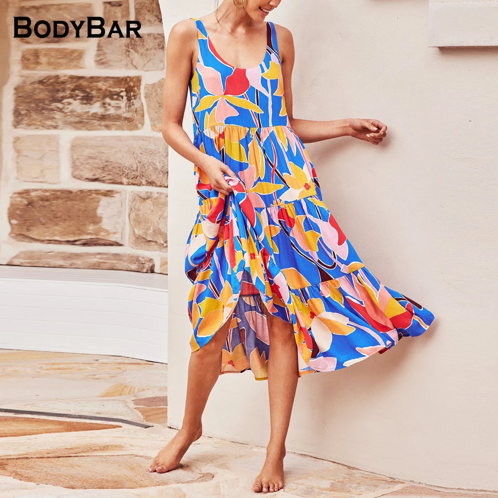 

Summer Ladies New Sleeveless Dress U-neck Print Long Robe 2021 Sexy Beach Bather Sundress Loose Elegant Female Bohemia Dresses