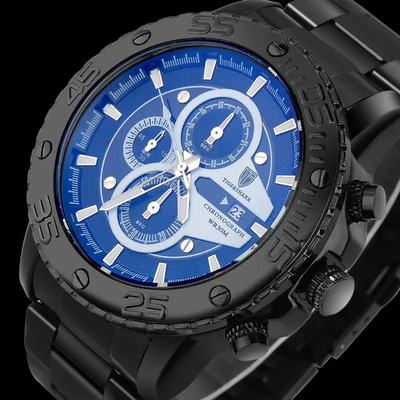 TIGERSHARK Men Sports Watch Quartz Watch Chronograph Stainless Steel Strap 30M Waterproof Watch Relogio Masculino T1580