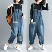 korean women loose patchwork denim overalls jumpsuits plus size ladies denim trousers bleached jeans rompers spring autumn