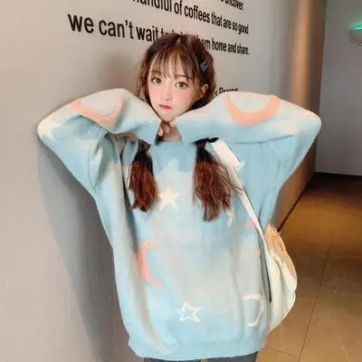 Синий Женские свитера, японский винтажный свитер Kawaii Ulzzang, Свободный Повседневный свитер Ins с длинным рукавом, Женская Корейская одежда Harajuku для женщин - Цвет: Синий