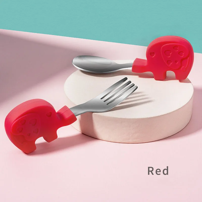 Vajilla port&aacute;til de 2 piezas para ni&ntilde;os, juego de cuchara y tenedor de alimentaci&oacute;n infantil, conjunto de entrenamiento antideslizante con elefante de dibujos animados-2