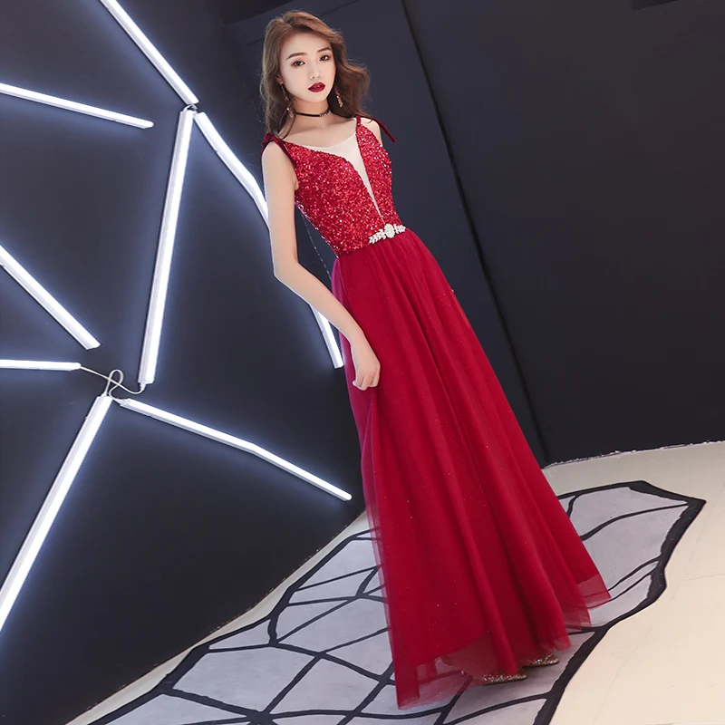 Sexy Wine red Evening Dress 2019 Elegant Sequin Gown Long Formal Back Lacing Prom Party vestido longo festa |
