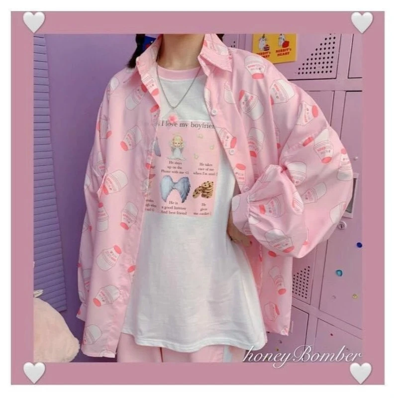 

New Fashion Korean Style Blouse Women Vintage Kawaii Print Button Up Shirt Autumn 2021 Long Sleeve Cute Loose Women Shirts
