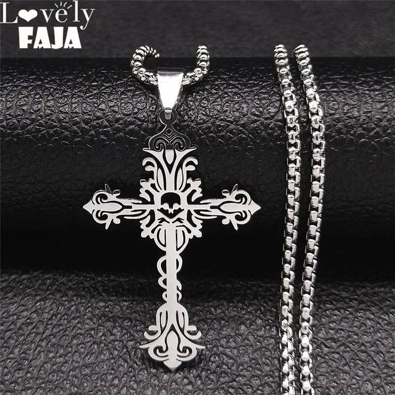 

Gothic Skull Flower Cross Stainless Steel Chain Necklaces Women/Men Cross Necklace Jewelry chaine acier inoxydable N7041S03