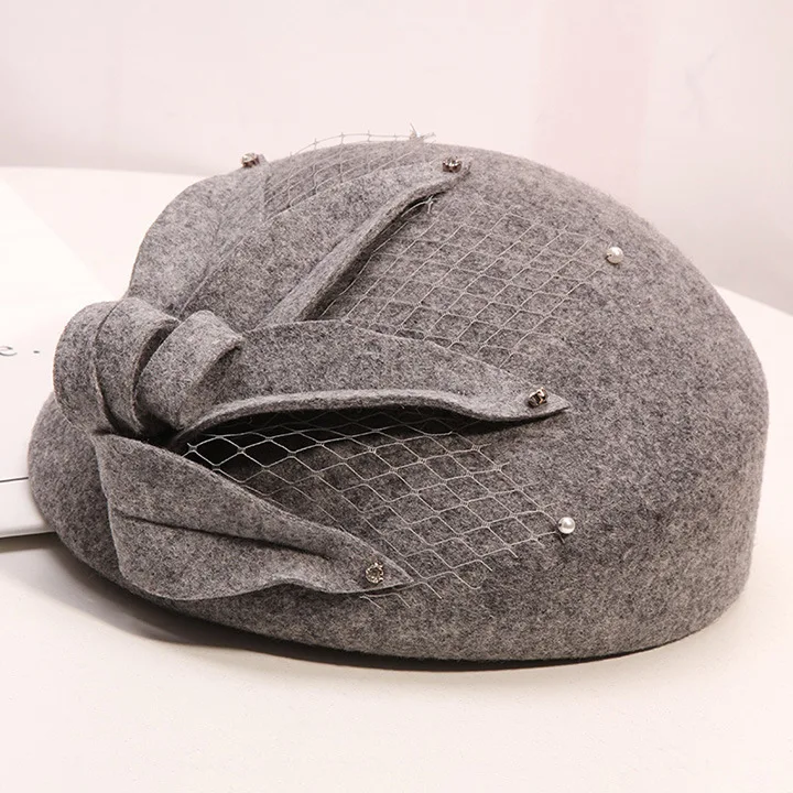 Fibonacci New Fashion Women Beret Fedoras Floral Wool Felt Hat Pearl Mesh Dinner Party Autumn Winter Hats Cap