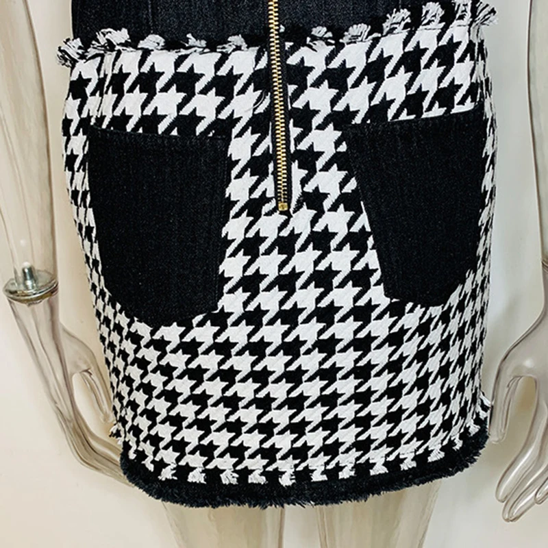 

CHICEVER Plaid Dress For Women Stand Collar Short Sleeve Hit Color High Waist Rivets Mini Dresses Female 2020 Autumn Clothes New