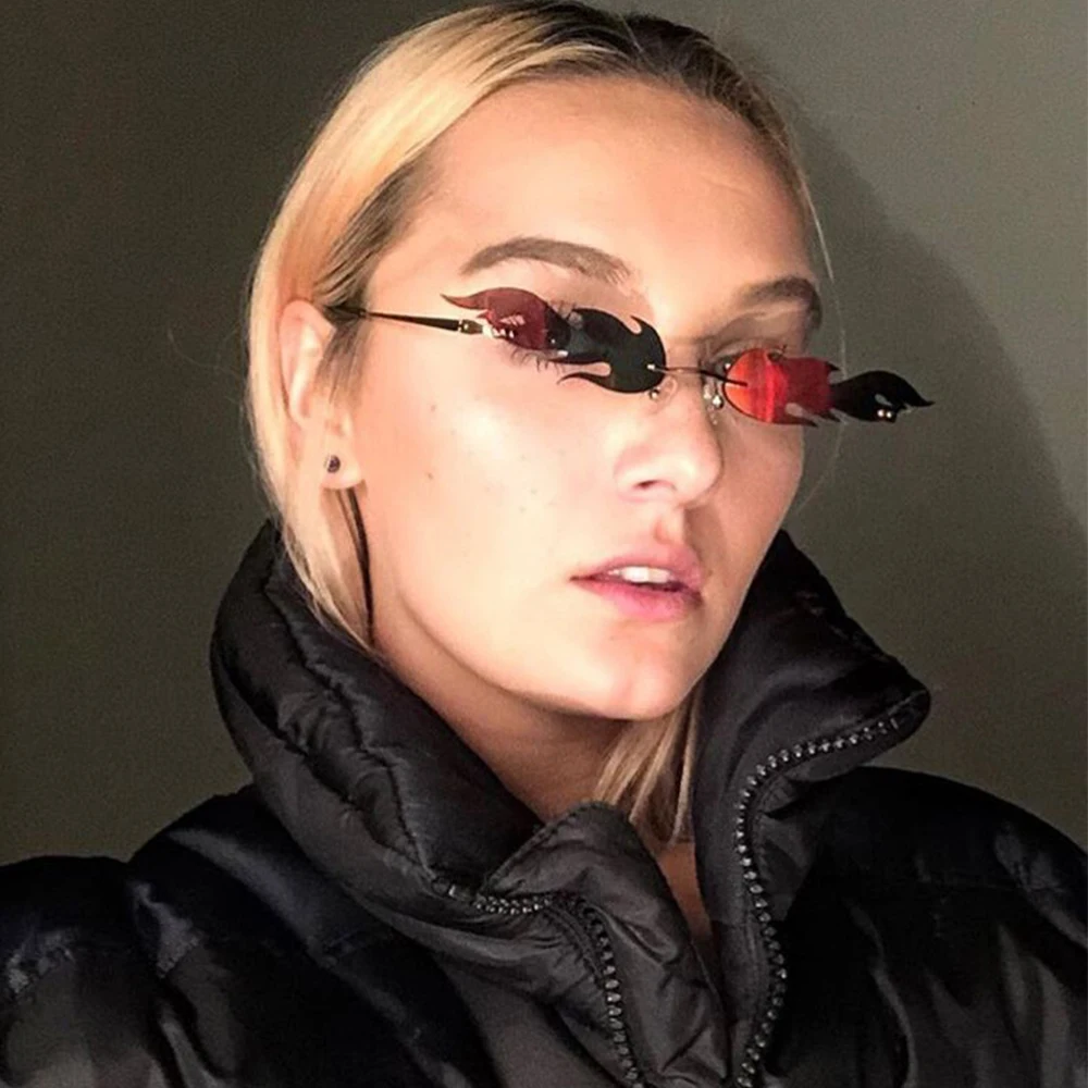 

Fashion Fire Flame Sunglasses Women Men Rimless Wave Sun Glasses UV 400 Eyewear Luxury Trending Narrow Sunglasses