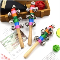 3pcs hand sleigh bells rainbow wooden handle colorful bell for holiday wedding decoration nickel plated jingle bells musical toy