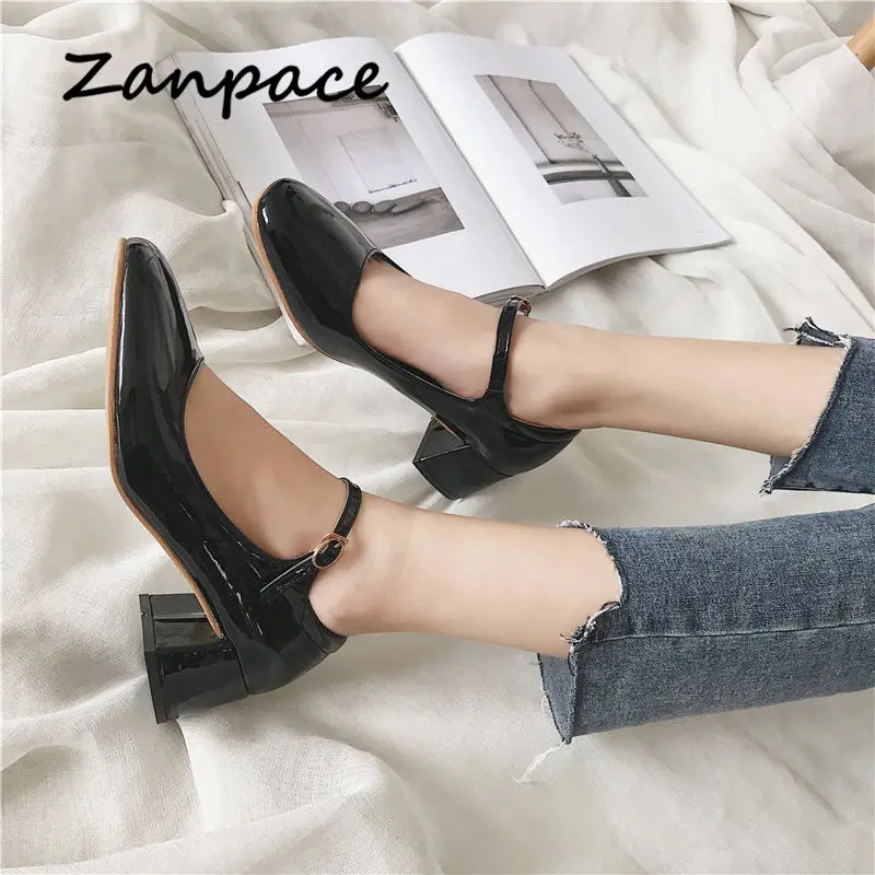 

New Spring Shallow Shoes for Women 2021 Casual Thick Heeled Leather Women's Shoes Mary Janes Black Buckle Strap PU Flats Shoes