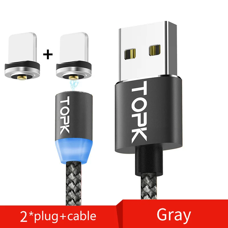 2 Plug 1 Cable Gray TOPK 1 м светодиодный магнитный кабель для iPhone Xs Max Xr 8 7 6 магнитная зарядка usb type C кабель и Micro USB кабель для samsung Xiaomi huawei USB C - Цвет: 2 Plug 1 Cable Gray