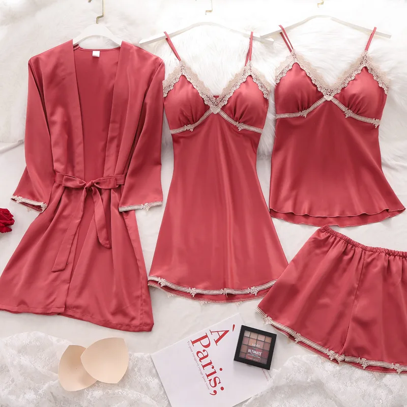 

Women Summer Thin Pyjamas Casual Loose Kimono Bathrobe Gown Sleepwear Patchwork 4PCS Pajamas Set Sexy Lace Trim V-neck Home Wear
