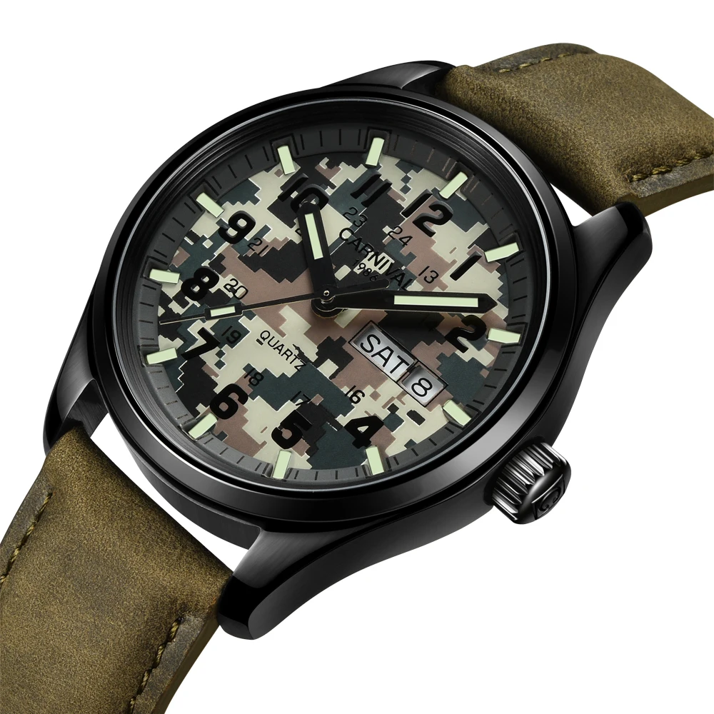 New Switzerland Luxury Brand Carnival Japan Quartz Men Watches Luminous Hands Sapphire Waterproof Military Leather Clock C8638G