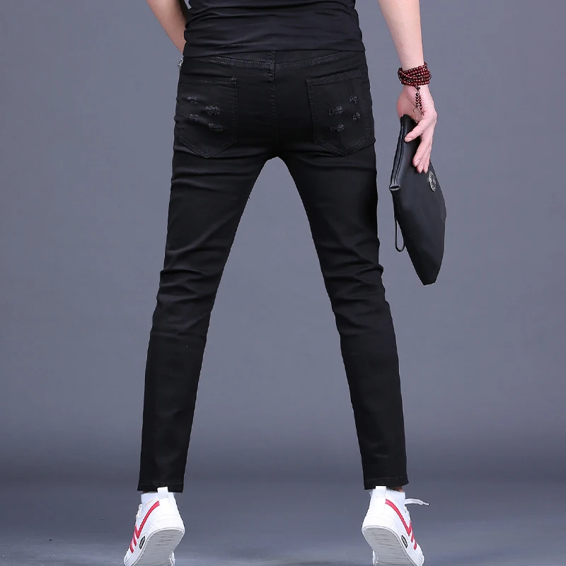 Summer Thin Black Ripped Jeans Men Streetwear Holes Slim Fit Pencil Pants
