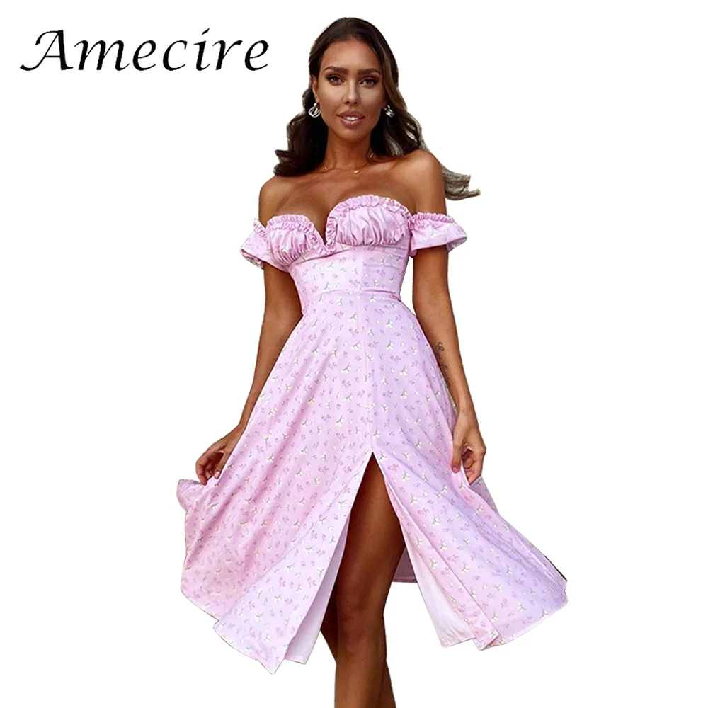 

Женское платье-бюстье Amecire, элегантное платье миди с оборками и разрезом, летняя одежда для отдыха, Платья с цветочным принтом