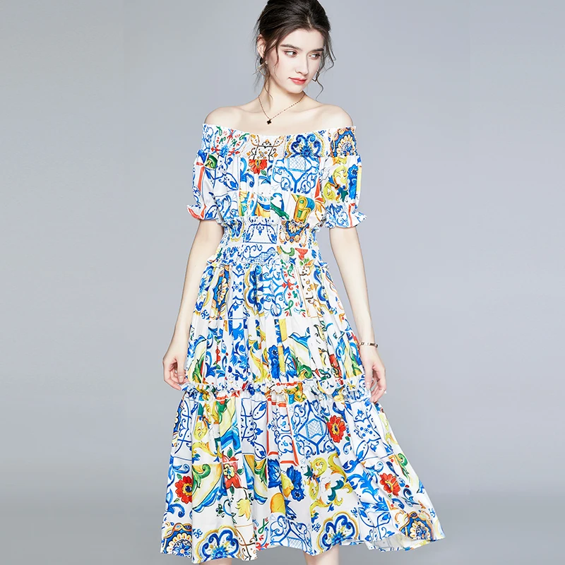 

Sicilian Runway Summer Flower Dress Women Ruffles Blue And White Porcelain Floral Print Dresses Holiday Party Midi Long Dress
