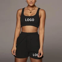 custom your logo summer women tracksuit sleeveless crop top loose drawstring shorts 2 piece sets casual fitness outfits 2021