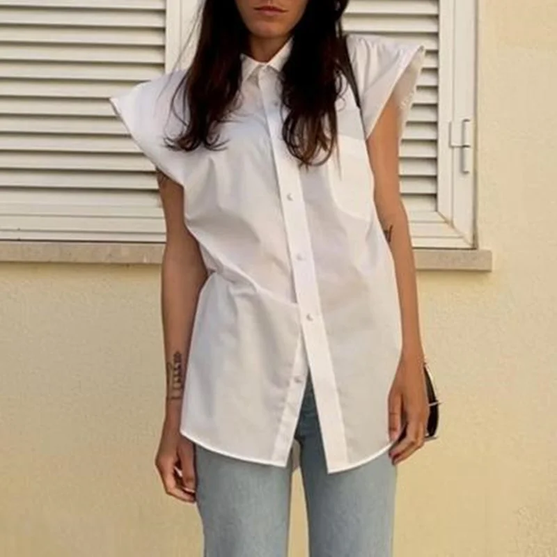 

Lady Fashion Street Style Buttons up Shirt Tops Sexy Summer Women Sleeveless Deep V Neck Solid color Irregular Hem Loose Blouse