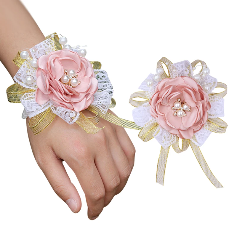 

Hot Sale Men's Corsage Bride Bridesmaid Wrist Flower Crystal Pearl Handmade Elastic Bracelet Party Wedding Props XH069