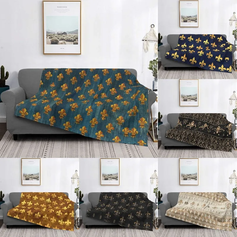 

Gold Fleur De Lys Blanket Soft Fleece Warm Flannel Lily Flower Fleur-de-Lis Throw Blankets for Sofa Travel Bedroom Bedspread