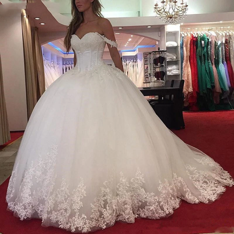 

Off Shoulder Ball Gown Wedding Dresses Ivory Sweetheart Appliques Lace Beads Long Bridal Gowns Plus Size Corset Wedding Dress