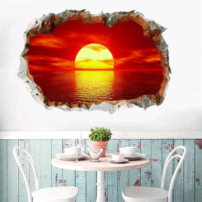 3D vivid sunset landscape painting wall stickers living room bedroom home decoration art mural still life | Дом и сад