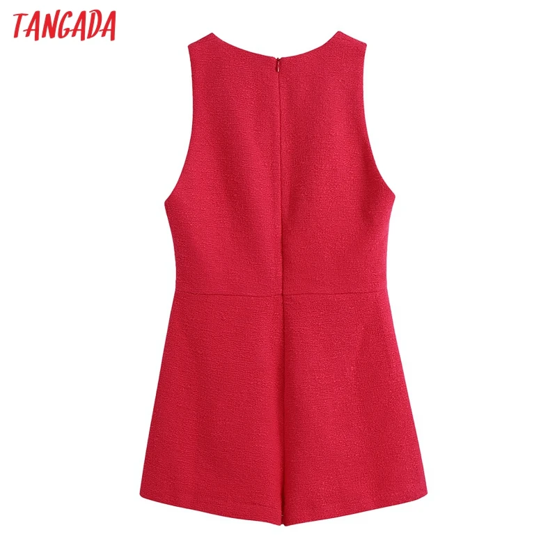 

Tangada Women Red Tweed Playsuits Vintage V Neck Sleeveless Back Zipper 2021 Fashion Female Jumpsuits Mujer BE81