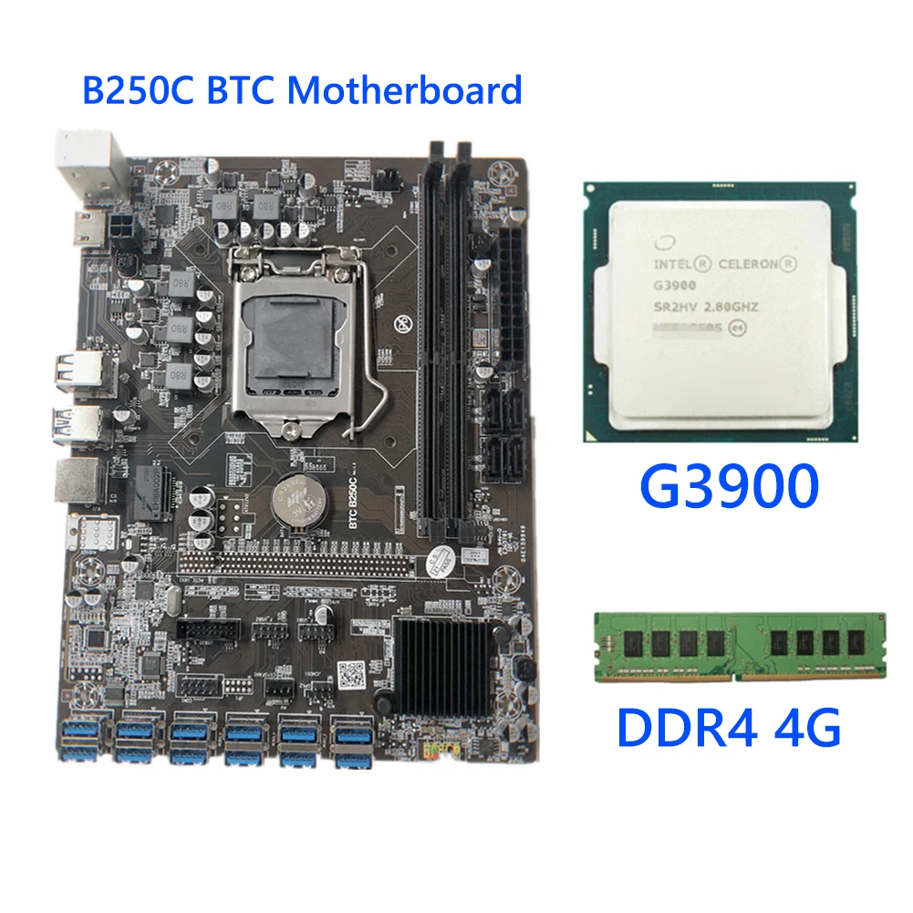 

B250C BTC 12x USB3.0 к PCI-E 16X материнская плата для майнера G3900 ЦП процессор DDR4 4G комплект памяти LGA1151 Gen 6/7 доска для майнинга