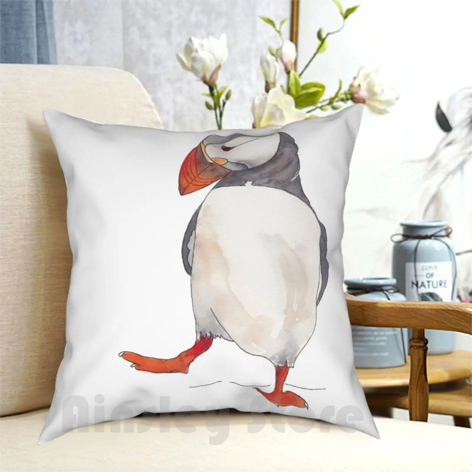 

Dancing Puffin Watercolor Illustration Pillow Case Printed Home Soft Throw Pillow Kids Children Sweet Puffin Bird Water