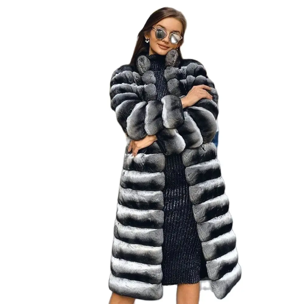Winter Fashion Natural Rex Rabbit Fur Coat Stand Collar 2021 New Genuine Whole Skin Rex Rabbit Fur Long Coats Thick Fur Overcoat enlarge