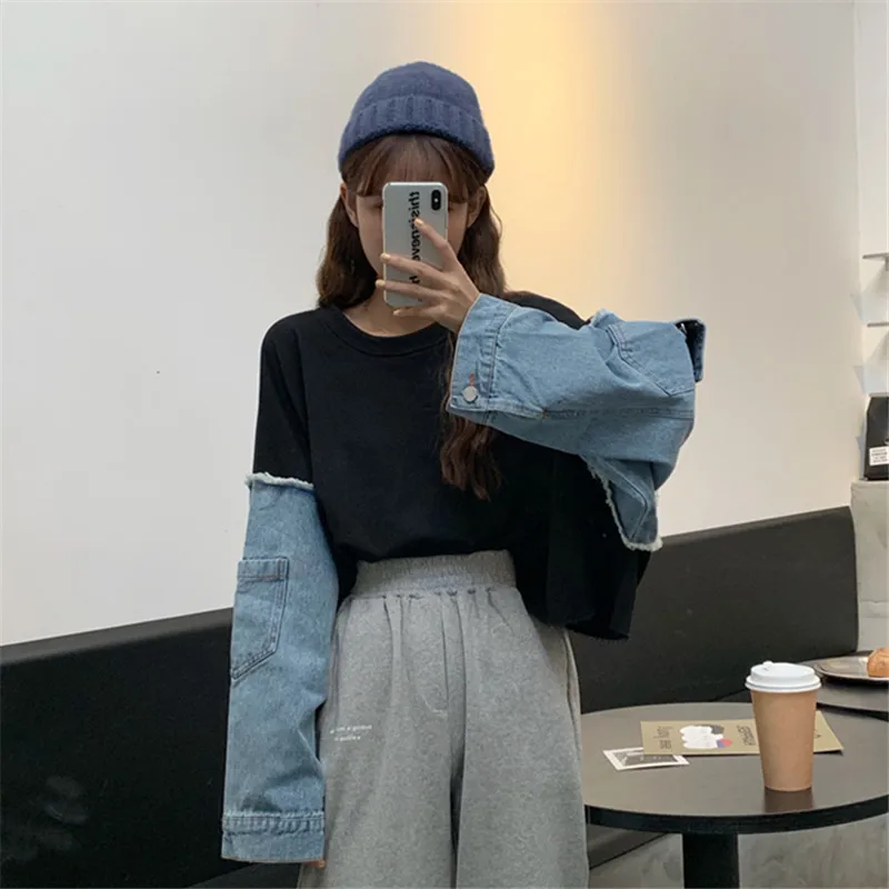 

Spring Female Hoodie Tops 2020 New Denim Stitching Short Round Neck Sweatershirt Loose Casual Korean Kpop Clothes Pullovers