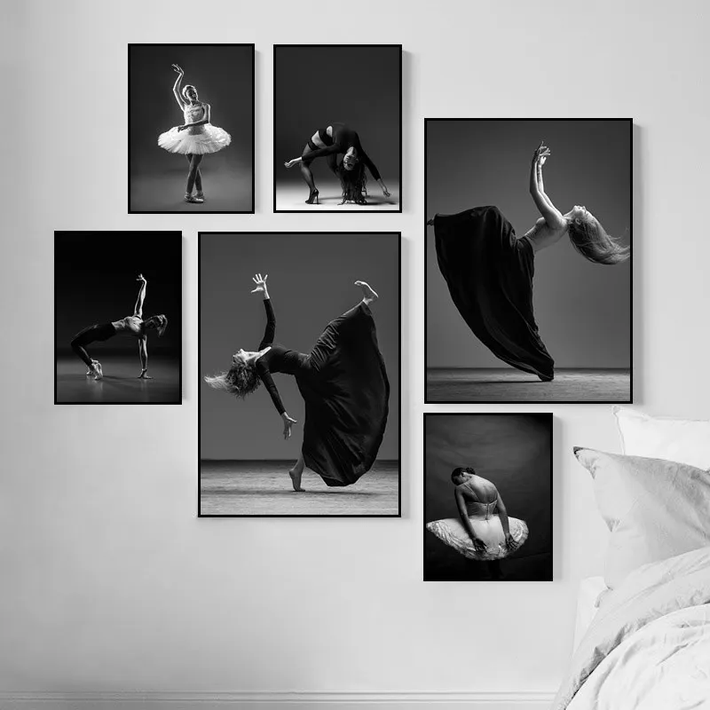 Черно-белый плакат с танцующей девушкой настенная Картина на холсте современная