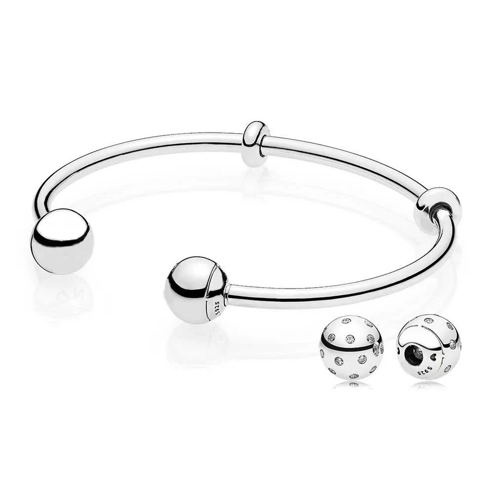 

NEW 925 Sterling silver MOMENTS Open Bangle & End Caps Gift Set Clear CZ fit DIY Original charm Bracelets jewelry A Set