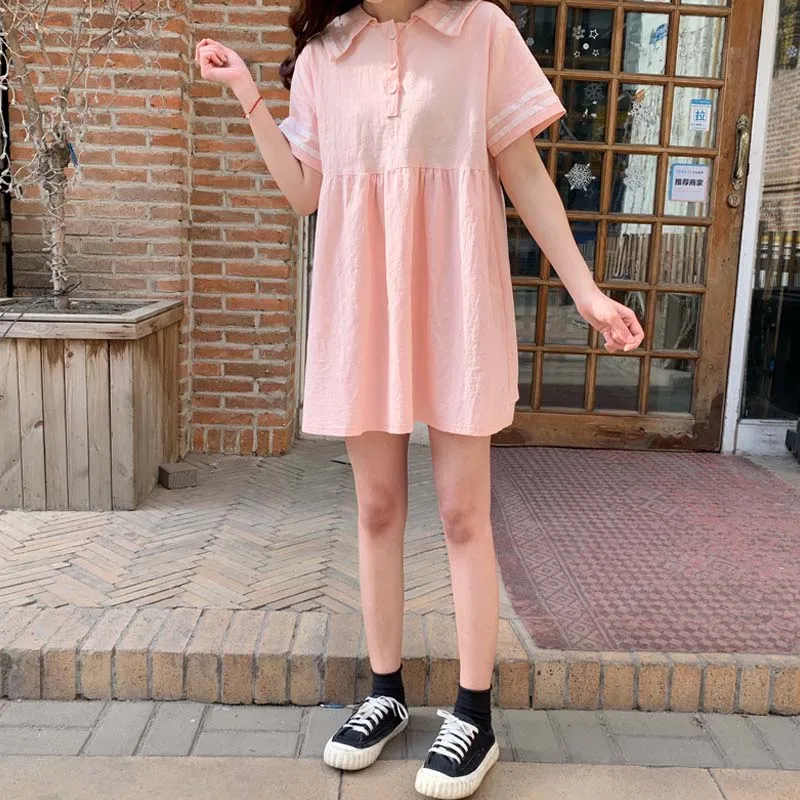 

Japanese Y2k Soft Girl College Style Short-Sleeved Mini Dress Sweet Cute Summer Peter Pan Collar Cotton One-Piece Women Dresses