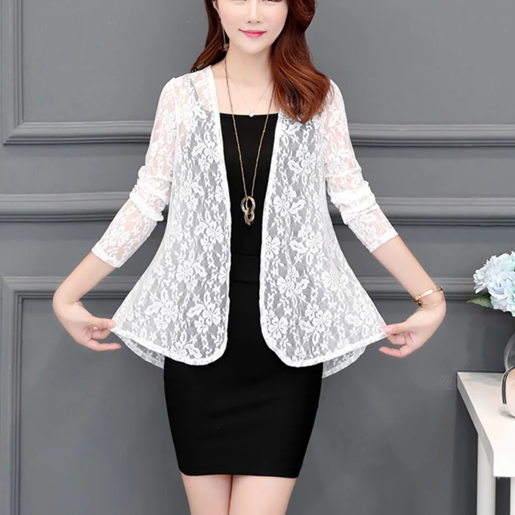 

Women Elegant Lace Hollow Blazer 3/4 Sleeve Open Front Office Cardigan Coat -OPK
